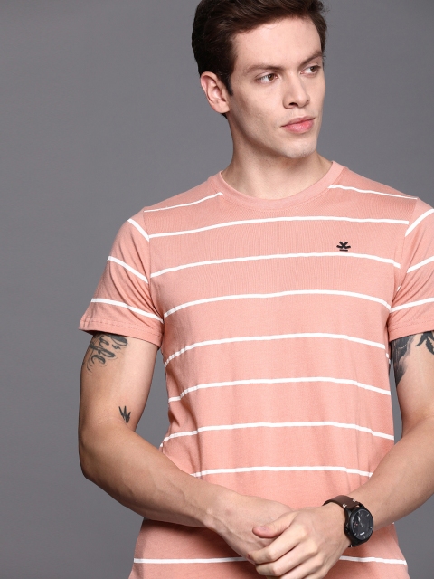 

WROGN Men Peach-Coloured & White Slim Fit Striped Round Neck T-shirt