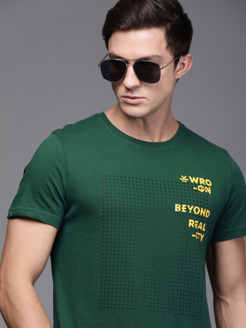 

WROGN Men Green Slim Fit Printed Round Neck Pure Cotton T-shirt