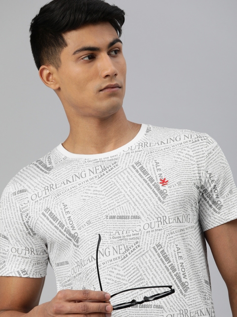

WROGN Men White Grey Slim Fit Printed Round Neck Pure Cotton T-shirt