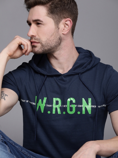 

WROGN Men Navy Blue Slim Fit Brand Logo Printed Hooded Pure Cotton T-shirt