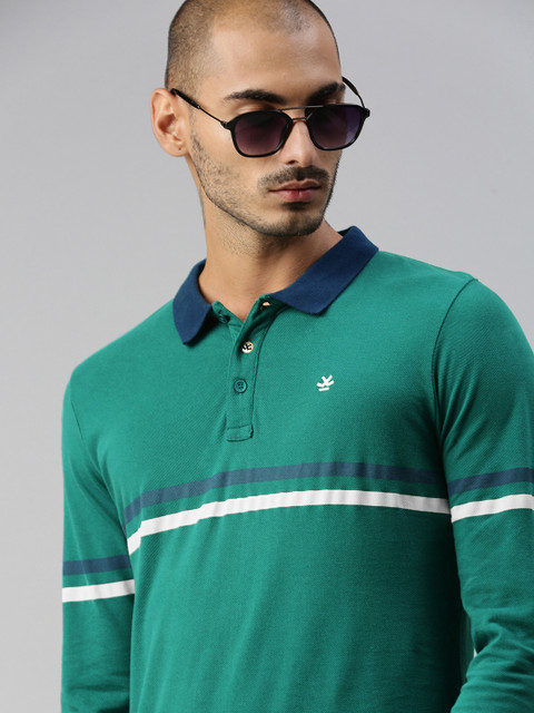 

WROGN Men Green Striped Polo Collar Slim Fit Pure Cotton T-shirt