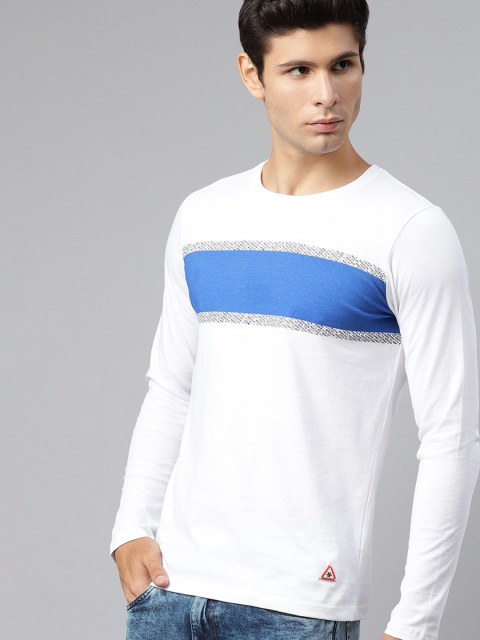 

WROGN Men White Blue Striped Slim Fit Pure Cotton T-shirt