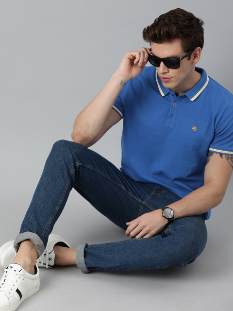 

WROGN Men Blue Slim Fit Solid Polo Collar Pure Cotton T-shirt