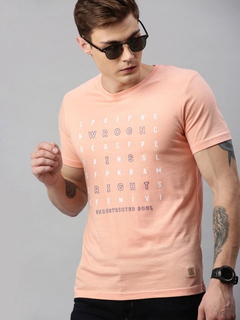

WROGN Men Peach-Coloured Slim Fit Printed Round Neck T-shirt