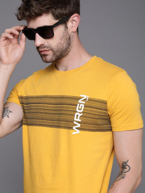 

WROGN Men Yellow Brand Logo Printed Slim Fit Pure Cotton Casual T-shirt