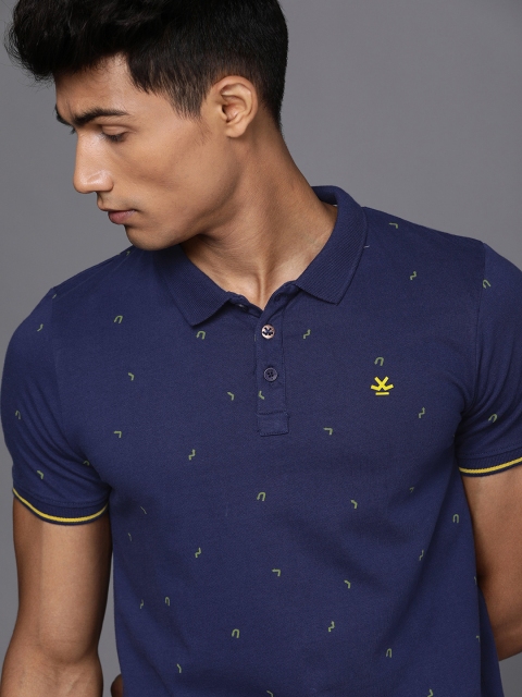 

WROGN Men Navy Blue Yellow Printed Polo Collar Slim Fit Pure Cotton T-shirt