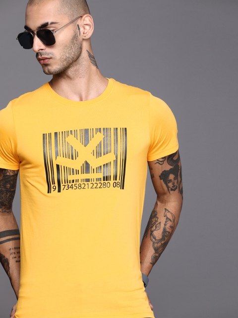 

WROGN Men Mustard Yellow Slim Fit Brand Logo Printed Round Neck T-shirt
