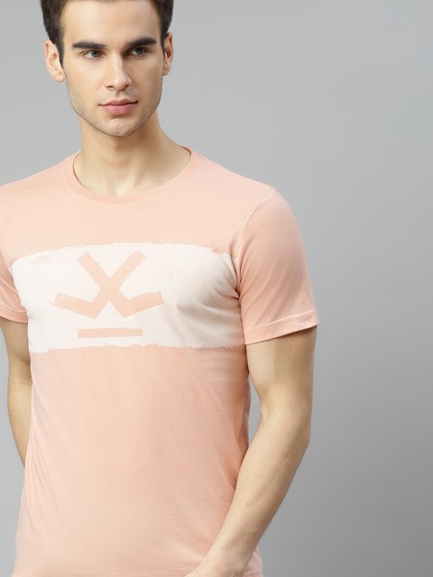 

WROGN Men Peach-Coloured Printed Round Neck T-shirt