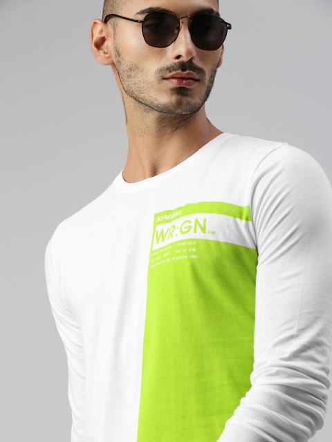 

WROGN Men White Green Colourblocked Slim Fit Round Neck Pure Cotton T-shirt