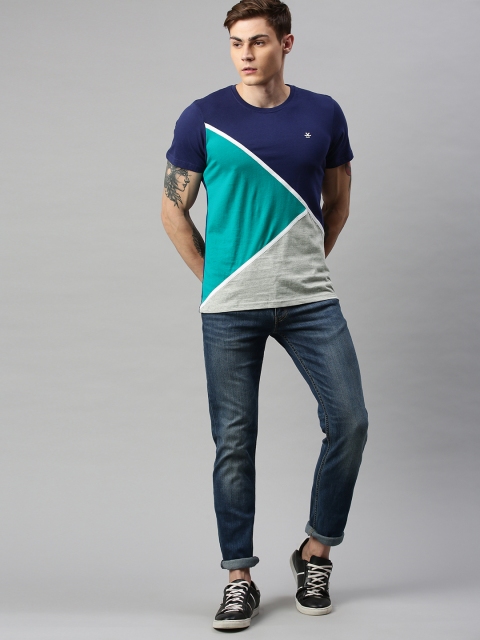 

WROGN Men Blue Colourblocked Slim Fit Round Neck Pure Cotton T-shirt