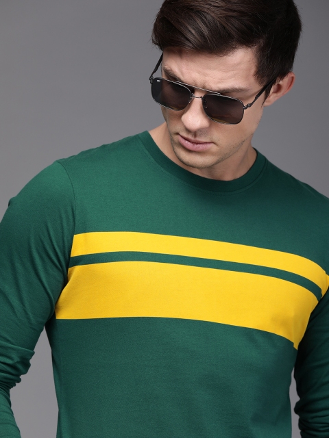 

WROGN Men Green Striped Round Neck Pure Cotton T-shirt