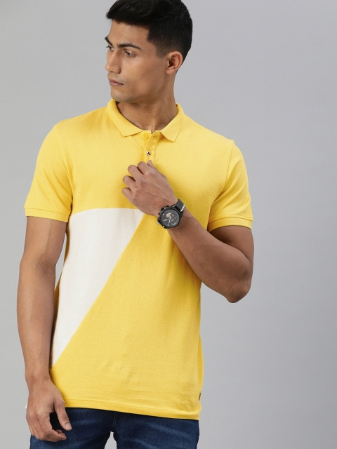 

WROGN Men Yellow & White Pure Cotton Slim Fit Colourblocked Polo Collar T-shirt