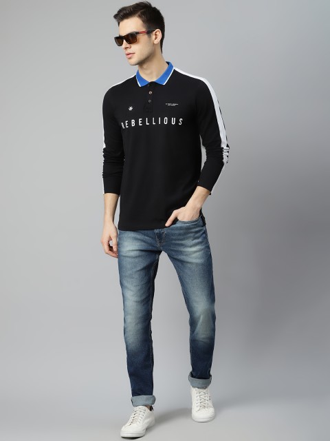 

WROGN Men Black Printed Pure Cotton Polo Collar Pure Cotton T-shirt