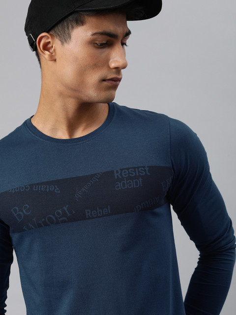 

WROGN Men Blue Printed Round Neck T-shirt, Navy blue