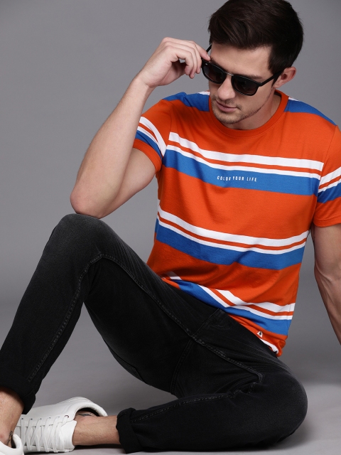 

WROGN Men Orange White Striped Round Neck Pure Cotton T-shirt