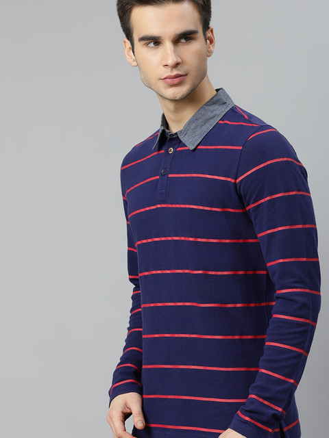 

WROGN Men Navy Blue Striped Pure Cotton Polo Collar Pure Cotton T-shirt