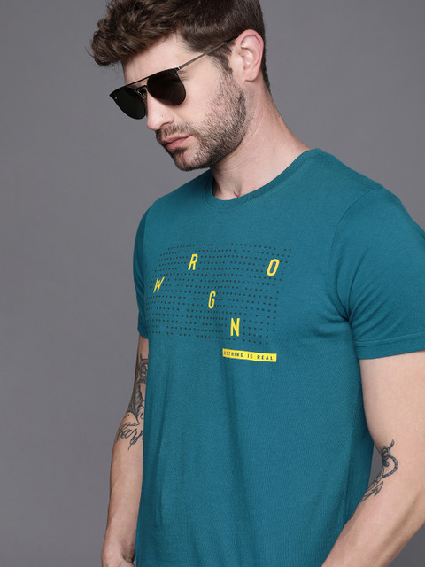 

WROGN Men Teal Green Brand Logo Printed Slim Fit Pure Cotton T-shirt