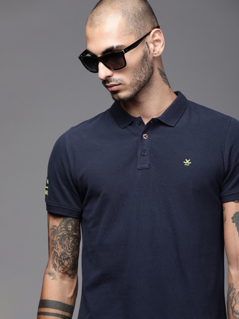 

WROGN Men Navy Blue Slim Fit Solid Polo Collar T-shirt