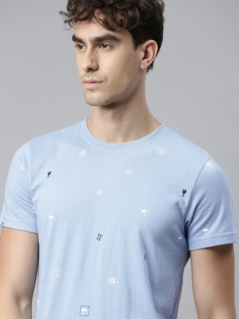 

WROGN Men Blue Printed Round Neck T-shirt