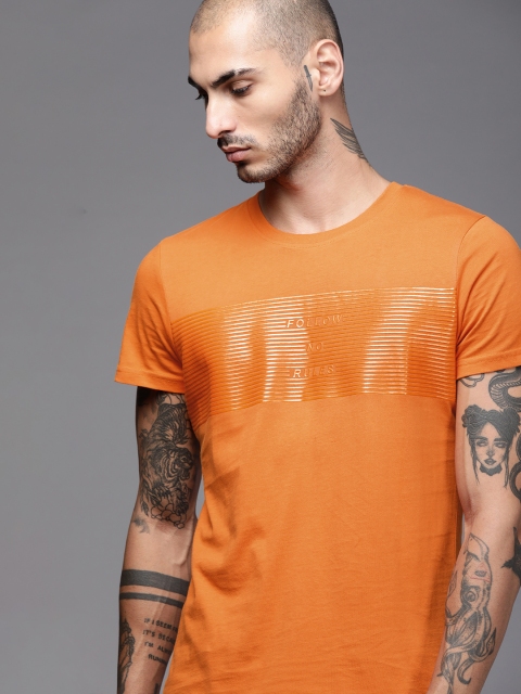 

WROGN Men Rust Orange Slim Fit Striped Round Neck Pure Cotton T-shirt