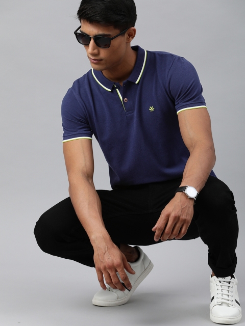 

WROGN Men Navy Blue Solid Polo Collar Pure Cotton T-shirt