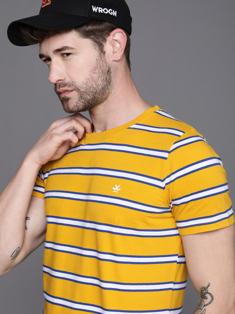 

WROGN Men Yellow & Blue Striped Slim Fit Pure Cotton Casual T-shirt