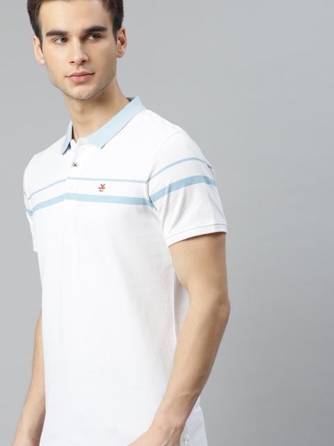 

WROGN Men White Striped Pure Cotton Polo Collar T-shirt