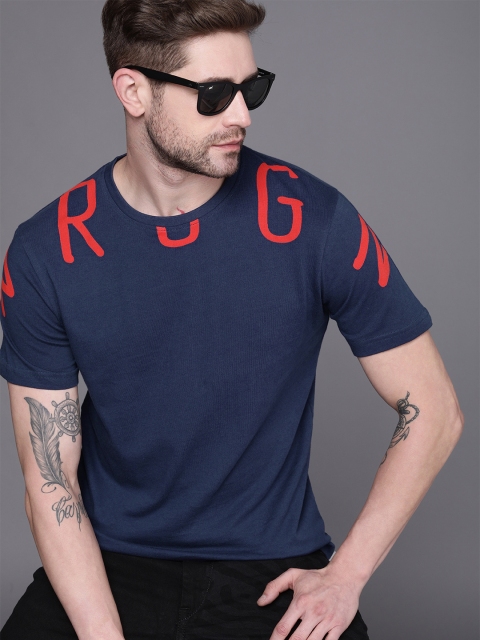 

WROGN Men Navy Blue & Orange Brand Logo Printed Slim Fit T-shirt