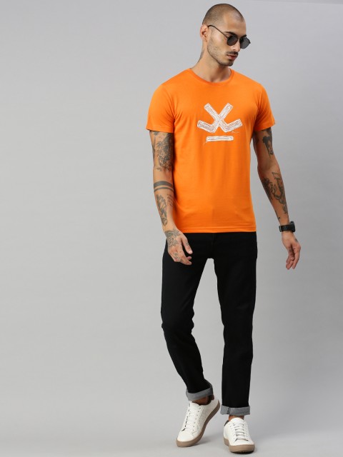 

WROGN Men Orange & White Brand Logo Printed Slim Fit T-shirt