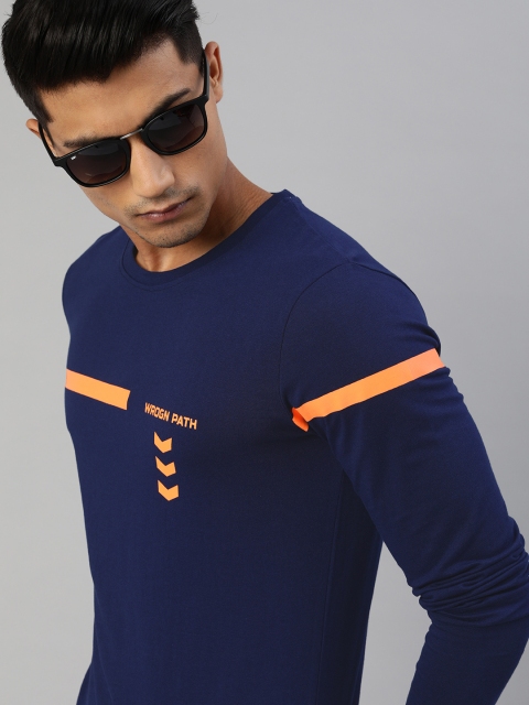 

WROGN Men Navy Blue Slim Fit Printed Round Neck Pure Cotton T-shirt