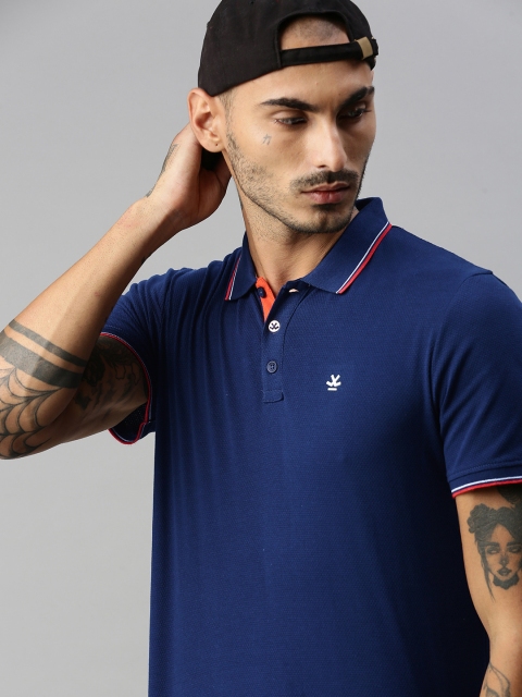 

WROGN Men Blue Polo Collar Slim Fit Pure Cotton T-shirt