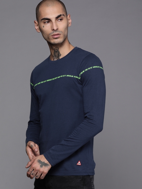 

WROGN Men Navy Blue Typography Printed Slim Fit Pure Cotton T-shirt