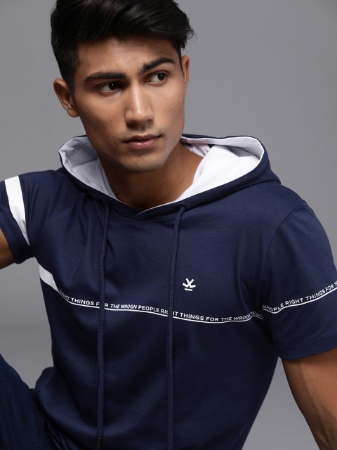 

WROGN Men Navy Blue Typography Printed Slim Fit Hooded Pure Cotton T-shirt