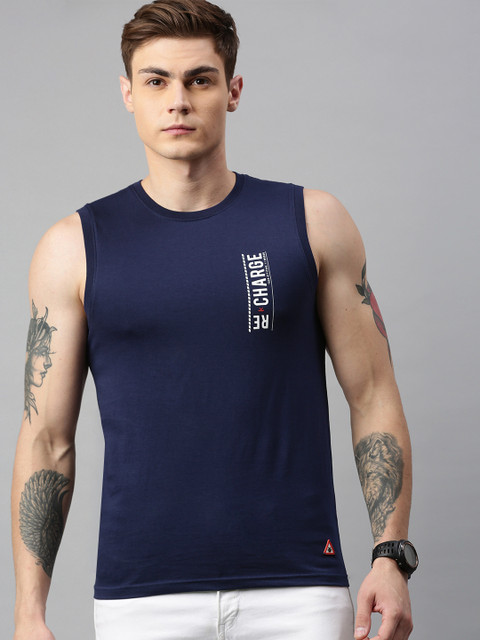 

WROGN Men Blue White Printed Pure Cotton T-shirt