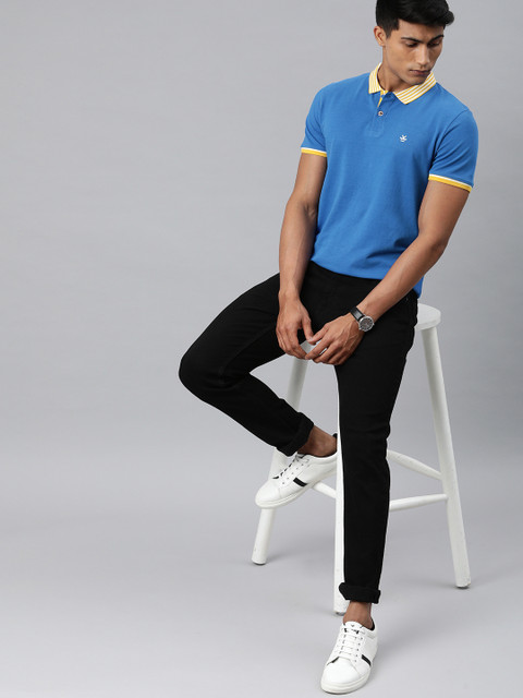 

WROGN Men Blue Solid Polo Collar Pure Cotton T-shirt With Contrast Polo Collar
