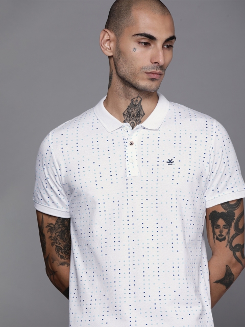 

WROGN Men White & Blue Cotton Dot Print Polo Collar Slim Fit T-shirt