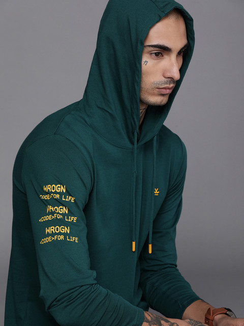 

WROGN Men Teal Green Solid Pure Cotton Hooded Pure Cotton T-shirt