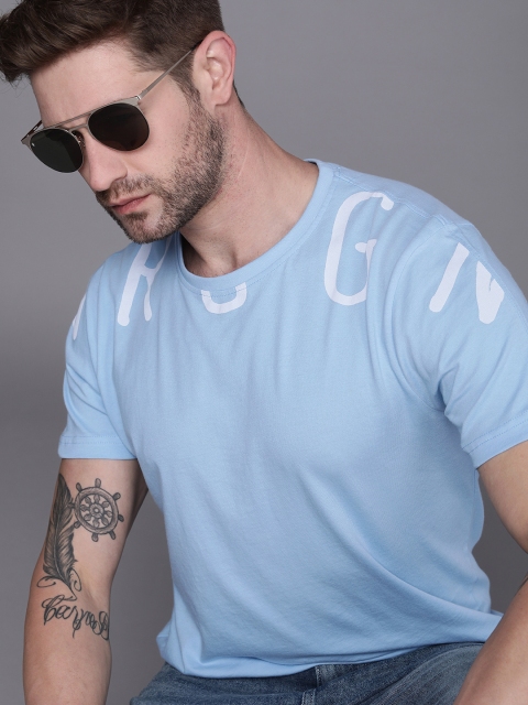 

WROGN Men Blue White Typography Printed Slim Fit Pure Cotton T-shirt