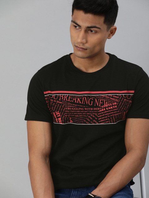 

WROGN Men Black Printed Slim Fit Round Neck T-shirt