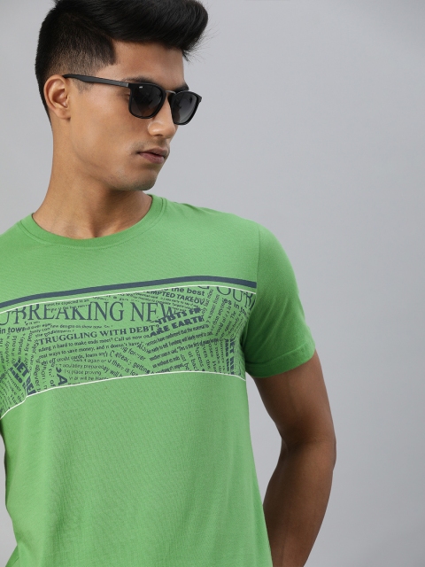 

WROGN Men Green & Navy Blue Slim Fit Printed Round Neck T-shirt