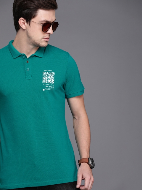 

WROGN Men Teal Blue Solid Pure Cotton Polo Collar QR Code T-shirt