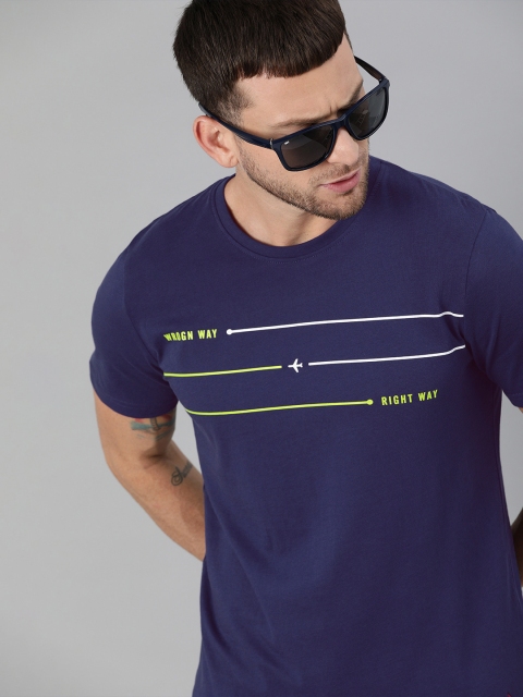 

WROGN Men Navy Blue Slim Fit Printed Round Neck Pure Cotton T-shirt
