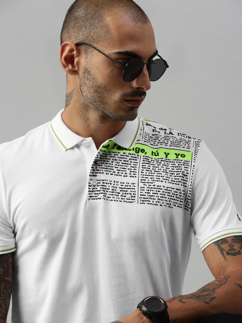 

WROGN Men White Black Typography Printed Polo Collar Slim Fit Pure Cotton T-shirt