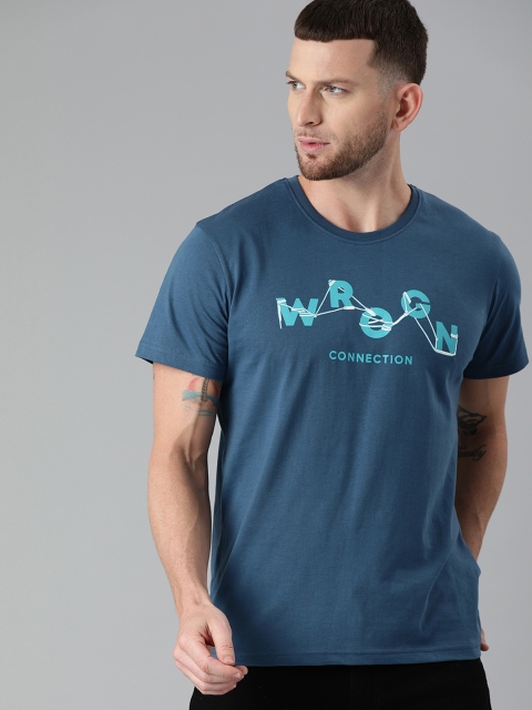 

WROGN Men Teal Blue Slim Fit Printed Round Neck T-shirt