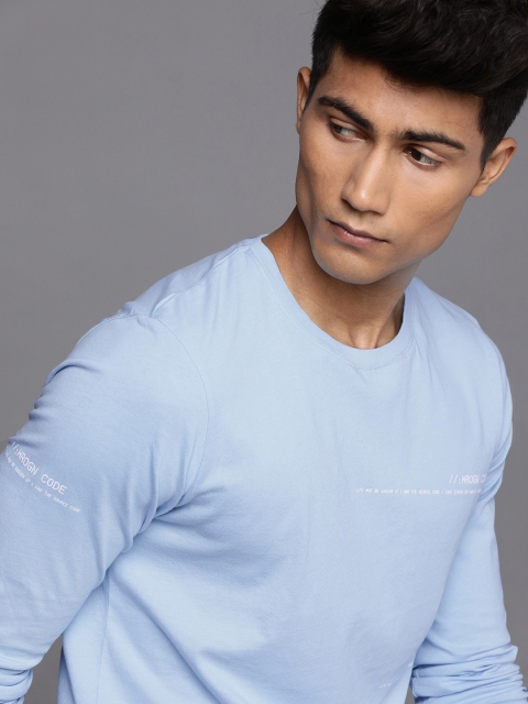 

WROGN Men Blue Typography Printed Slim Fit Pure Cotton T-shirt