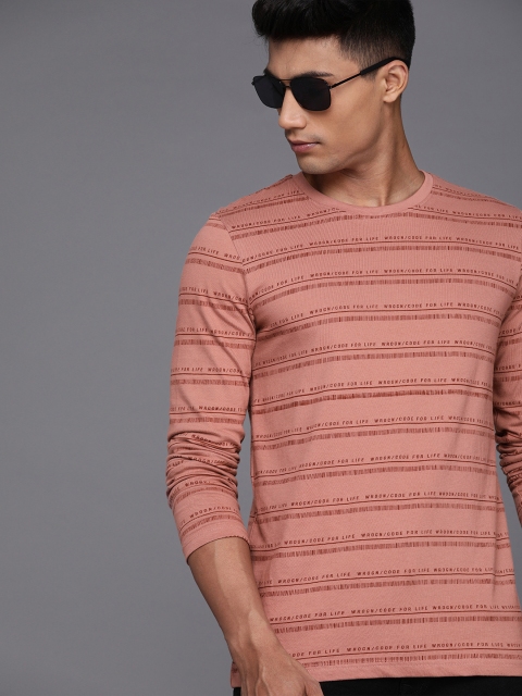 

WROGN Men Pink Printed Round Neck Pure Cotton T-shirt