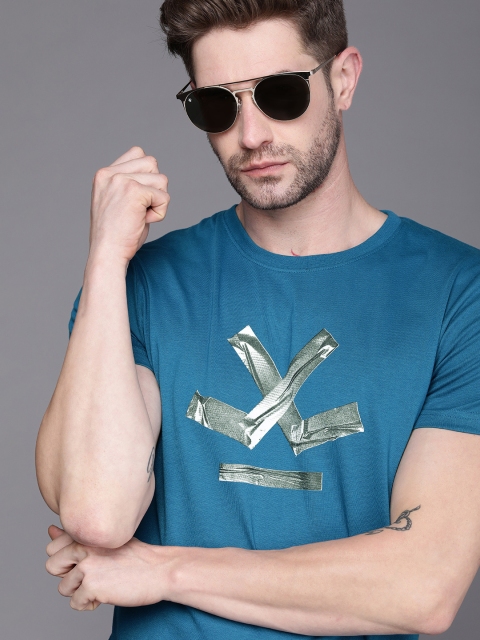 

WROGN Men Teal Blue Slim Fit Brand Logo Printed T-shirt
