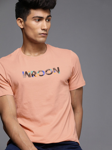 

WROGN Men Pink Typography Printed Slim Fit Pure Cotton T-shirt