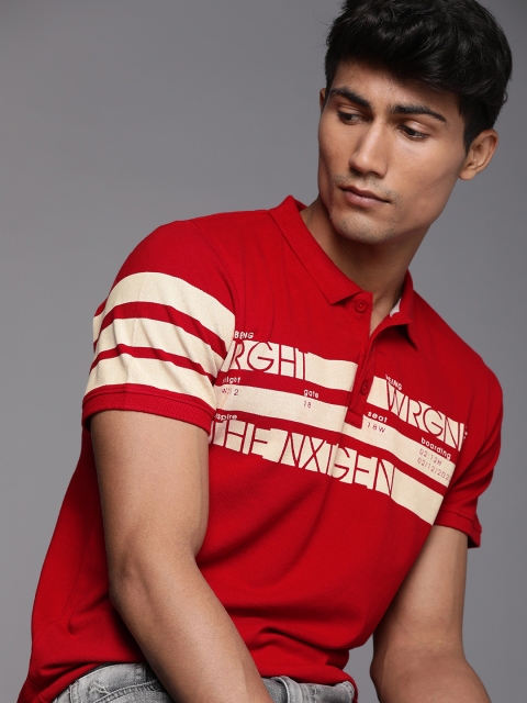 

WROGN Men Red Cream-Coloured Brand Logo Printed Polo Collar Slim Fit Pure Cotton T-shirt