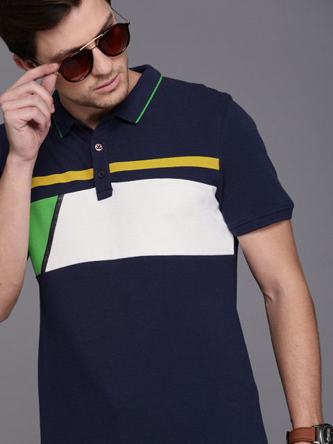 

WROGN Men Navy Blue White Colourblocked Pure Cotton Polo Collar Pure Cotton T-shirt